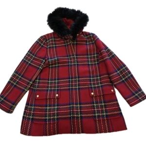 Talbots Red Tartan Plaid Faux Fur Hood Coat Wool Blend Size XL